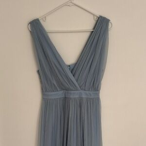 Lulu's Dusty Blue Pleated V-Neck Chiffon Maxi Dress